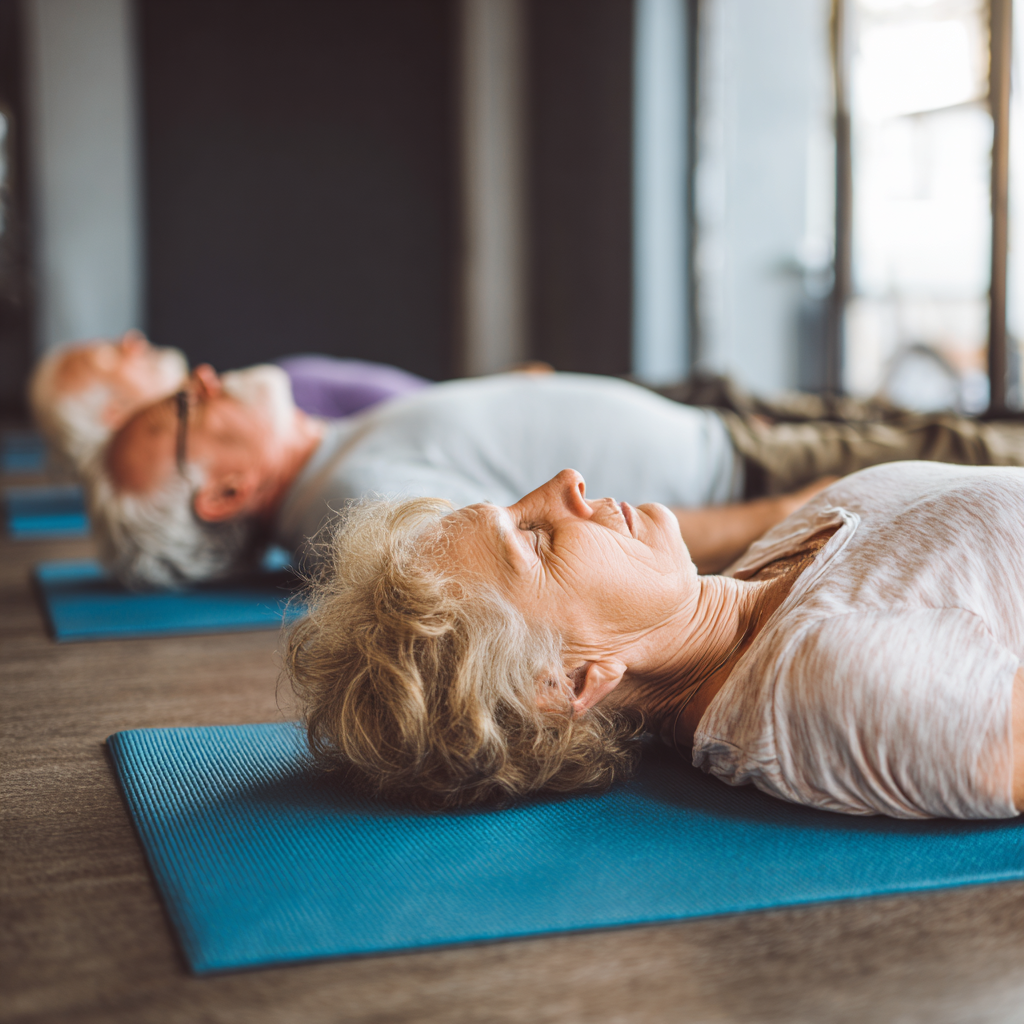 Older adults practicing restorative yoga in peaceful studio setting
